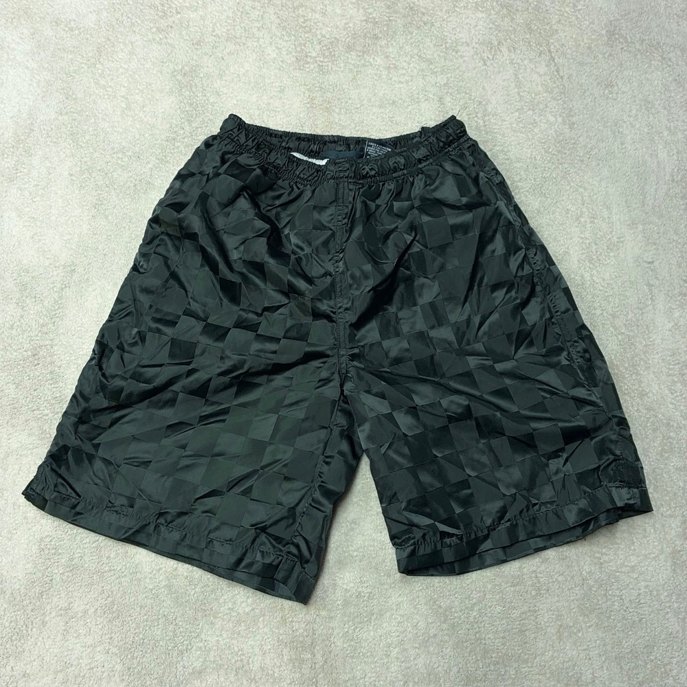 Y2K Shiny Checkered Nylon Soccer Shorts Black Mesh Liner 8" Inseam Mens S